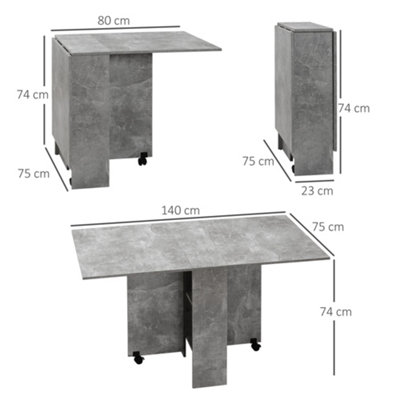 HOMCOM Mobile Drop Leaf Dining Table Folding Desk w/ 2 Wheels Cement Grey