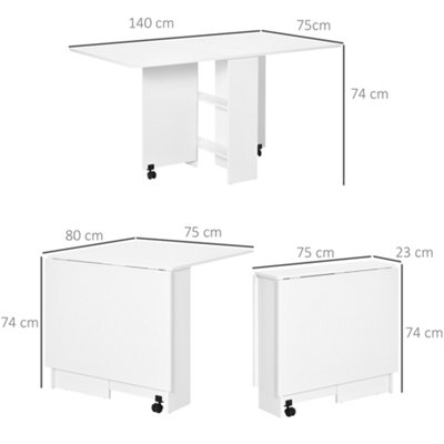 HOMCOM Mobile Drop Leaf Dining Table Folding Desk w/ 2 Wheels White