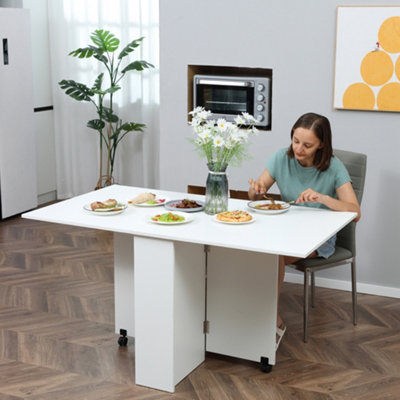 HOMCOM Mobile Drop Leaf Dining Table Folding Desk w/ 2 Wheels White
