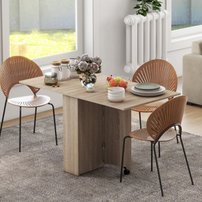 HOMCOM Mobile Drop Leaf Dining Table, Folding Desk with 2 Wheels, Natural