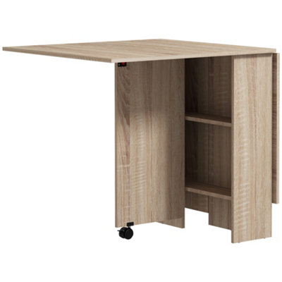 HOMCOM Mobile Drop Leaf Dining Table, Folding Desk with 2 Wheels, Natural
