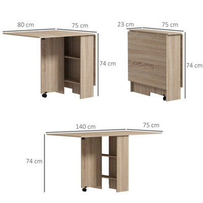 HOMCOM Mobile Drop Leaf Dining Table, Folding Desk with 2 Wheels, Natural
