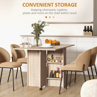 HOMCOM Mobile Drop Leaf Dining Table, Folding Desk with 2 Wheels, Natural