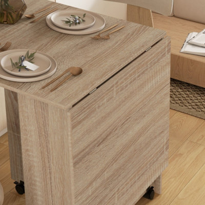 HOMCOM Mobile Drop Leaf Dining Table, Folding Desk with 2 Wheels, Natural