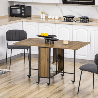 HOMCOM Mobile Drop Leaf Dining Table on Wheels with Shelf Light Brown