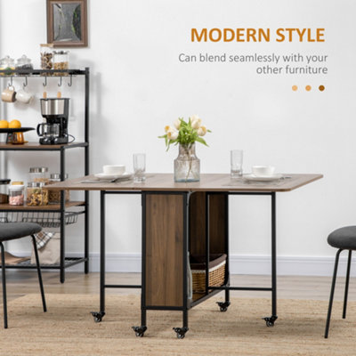 HOMCOM Mobile Drop Leaf Dining Table on Wheels with Shelf Light Brown