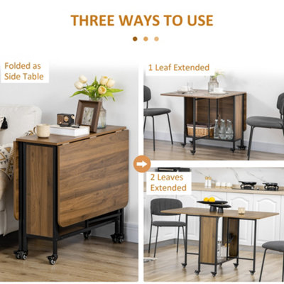HOMCOM Mobile Drop Leaf Dining Table on Wheels with Shelf Light Brown