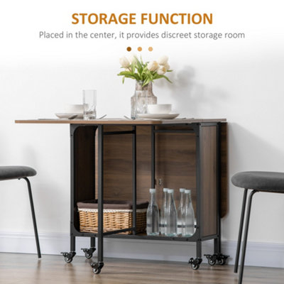 HOMCOM Mobile Drop Leaf Dining Table on Wheels with Shelf Light Brown