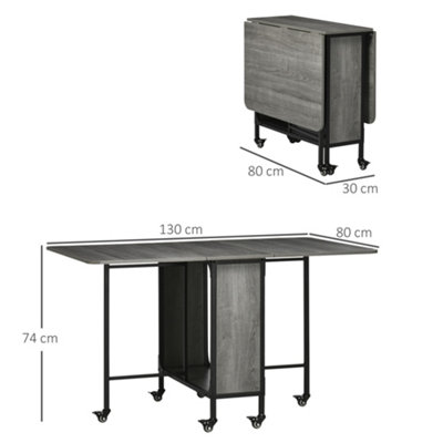 HOMCOM Mobile Drop Leaf Dining Table on Wheels with Storage Shelf Grey