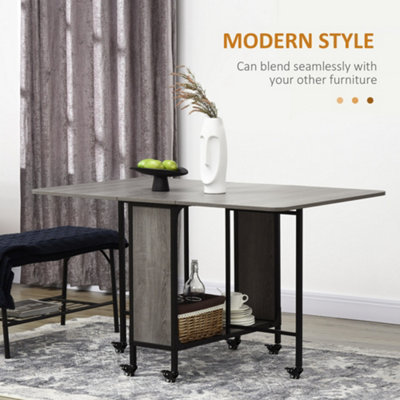 HOMCOM Mobile Drop Leaf Dining Table on Wheels with Storage Shelf Grey