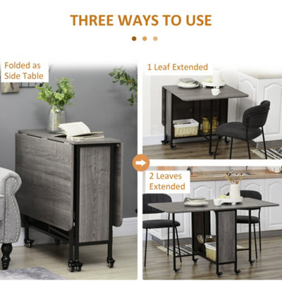 HOMCOM Mobile Drop Leaf Dining Table on Wheels with Storage Shelf Grey