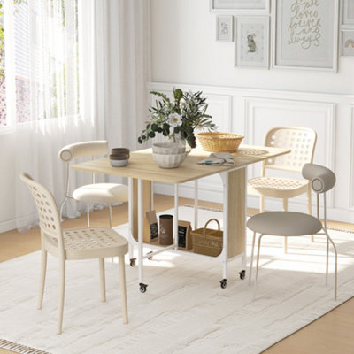 HOMCOM Mobile Drop Leaf Dining Table on Wheels with Storage Shelf Natural