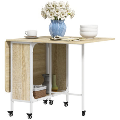 HOMCOM Mobile Drop Leaf Dining Table on Wheels with Storage Shelf Natural