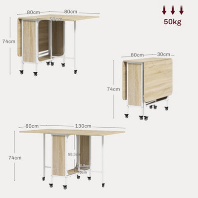 HOMCOM Mobile Drop Leaf Dining Table on Wheels with Storage Shelf Natural