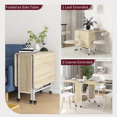 HOMCOM Mobile Drop Leaf Dining Table on Wheels with Storage Shelf Natural