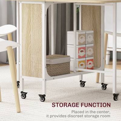 HOMCOM Mobile Drop Leaf Dining Table on Wheels with Storage Shelf Natural