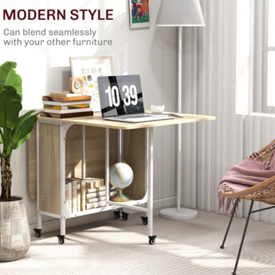 HOMCOM Mobile Drop Leaf Dining Table on Wheels with Storage Shelf Natural