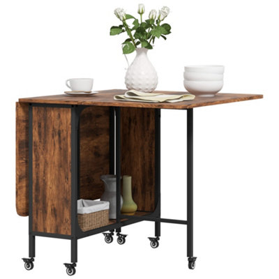 HOMCOM Mobile Drop Leaf Dining Table on Wheels with Storage Shelf Rustic Brown