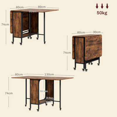 HOMCOM Mobile Drop Leaf Dining Table on Wheels with Storage Shelf Rustic Brown
