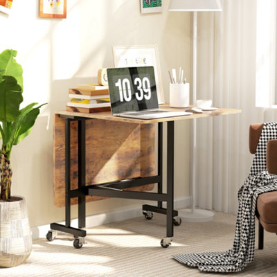 HOMCOM Mobile Drop Leaf Table, Folding Kitchen Table with 6 Wheels, Brown