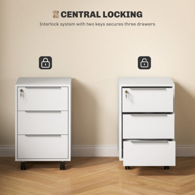 HOMCOM Modern 3-Drawer Locking File Cabinet Mobile Filing Cabinet White