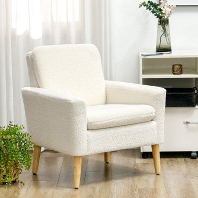 HOMCOM Modern Accent Chair with Wood Legs, Wide Seat, Teddy Armchair, Cream