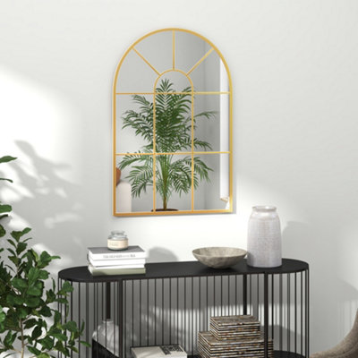 HOMCOM Modern Arched Window Wall Mirror for Bedroom, 91x60cm, Gold Tone