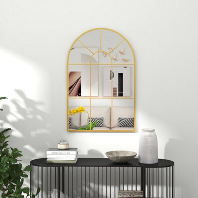 HOMCOM Modern Arched Window Wall Mirror for Bedroom, 91x60cm, Gold Tone