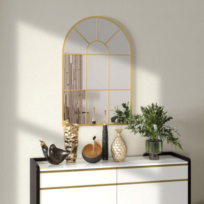HOMCOM Modern Arched Window Wall Mirror for Bedroom, 91x60cm, Gold Tone