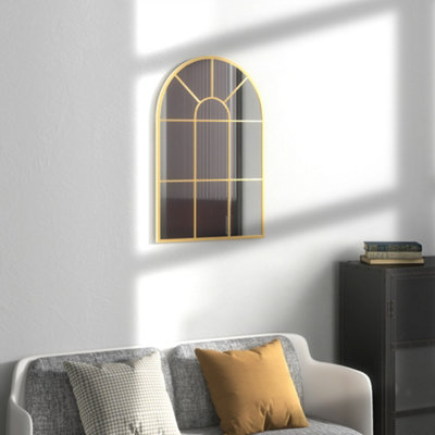 HOMCOM Modern Arched Window Wall Mirror for Bedroom, 91x60cm, Gold Tone