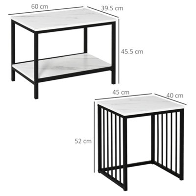 HOMCOM Modern Coffee Table Set of Two w/ Steel Frame Marble-Effect White, Black