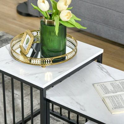 HOMCOM Modern Coffee Table Set of Two w/ Steel Frame Marble-Effect White