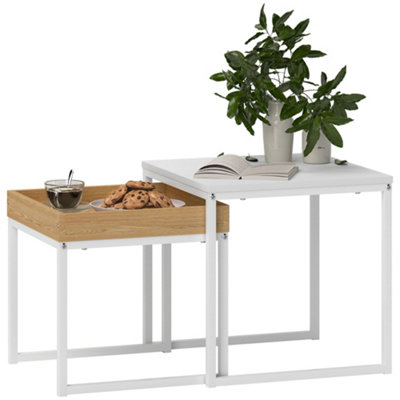 HOMCOM Modern Coffee Table Set Square Nest of Tables for Small Space White