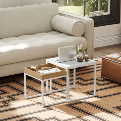 HOMCOM Modern Coffee Table Set Square Nest of Tables for Small Space White