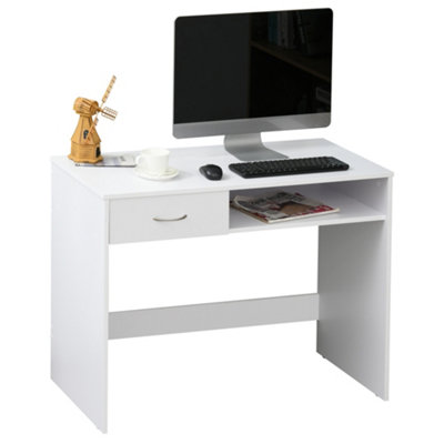 HOMCOM Modern Computer Work Desk Table Study Shelf Drawer Writing Station White