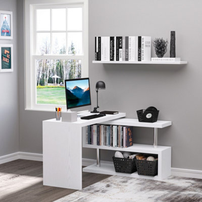 Homcom modern l shaped rotating computer desk with store shelves