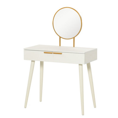 HOMCOM Modern Dressing Table w/ 2 Drawers Round Mirror for Bedroom White