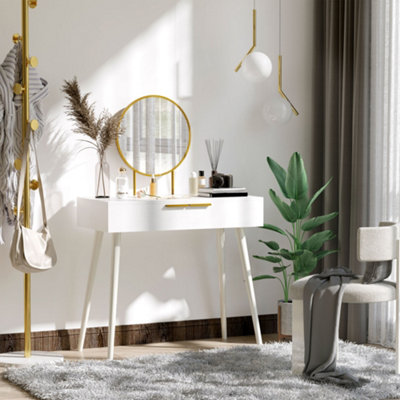 HOMCOM Modern Dressing Table w/ 2 Drawers Round Mirror for Bedroom White