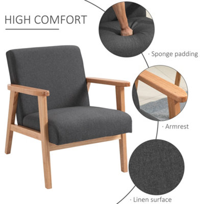 HOMCOM Modern Fabric Accent Chair with Rubber Wood Legs Padded Cushion Grey