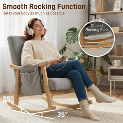 HOMCOM Modern High Back Rocking Chair with Solid Wood Legs, Light Grey