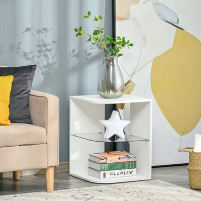 HOMCOM Modern Side Table Three Layer Bedside Table w/ Storage Shelves, White