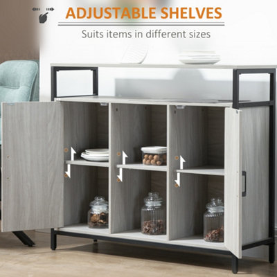 HOMCOM Modern Sideboard Storage Cabinet with Adjustable Shelves Light Grey