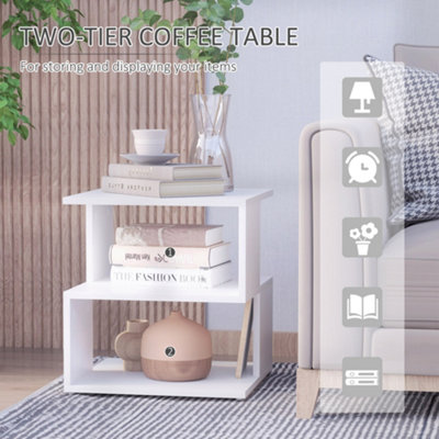 HOMCOM Modern Square 2 Tier Wood Coffee Side Table Storage Shelf Rack White