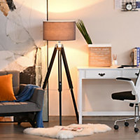 HOMCOM Modern Tripod Stand Floor Land Lamp with Wood Leg Adjustable Height Fabric Lampshade, 96-140cm, Grey and Black