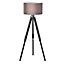 HOMCOM Modern Tripod Stand Floor Land Lamp with Wood Leg Adjustable Height Fabric Lampshade, 96-140cm, Grey and Black