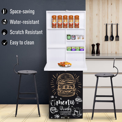 HOMCOM Multi-Functional Folding Wall-Mounted Drop-Leaf Table w/Chalkboard Shelf
