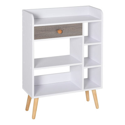HOMCOM Multi-Shelf Bookcase Freestanding Storage Drawer Shelves Wood Legs White
