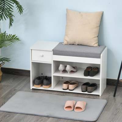 HOMCOM Multi-Storage Shoe Bench Drawer 3 Compartments Cushion Home Boots White