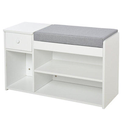 HOMCOM Multi-Storage Shoe Bench Drawer 3 Compartments Cushion Home Boots White