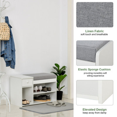 HOMCOM Multi-Storage Shoe Bench Drawer 3 Compartments Cushion Home Boots White